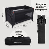 Cuna de viaje MBTC4 LUXE negro acolchado – plegado rápido y compacto con bolsa de transporte, medidas