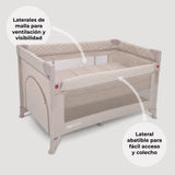 Cuna de viaje MBTC4 LUXE marfil acolchado – laterales de malla y lateral abatible para colecho